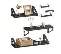 Relaxdays Étagère Murale, Lot de 6, 3 Tailles : 30, 35, 40 cm, Aspect Bois et métal, pour Livres et déco, Noir