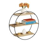Relaxdays Étagère Murale Ronde 3 Tablettes Mur 3 étages déco, Bois métal, hexagonale, Vintage, Ø 50 cm, Noir/Nature