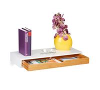 Relaxdays étagère murale tiroir, HxLxP: 8 x 60 x 24 cm, console au mur style scandinave, bois MDF, bambou, blanc/nature