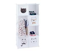 Relaxdays Etagère Plug-in Chambre d'enfants, Motif Chats, 6 casiers, Tringle à vêtements HxlxP:145 x 74 x 36,5 cm,Blanc, PP, Plastique ABS