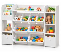 Relaxdays, étagère pour chambre d'enfant, 8 boîtes, 4 compartiments pour livres, 2 boîtes sur roulettes, dimensions : 100 x 141,5 x 30 cm, étagère pour enfant, blanche