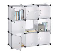 Relaxdays Étagère rangement 9 casiers portes plastique modulable DIY assemblage plug in bibliothèque 95x95x32 cm, transparent