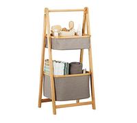 Relaxdays Étagère salle de bains avec étagère, bambou, 2 paniers en tissu pour serviettes, panier à linge pliable, naturel/gris