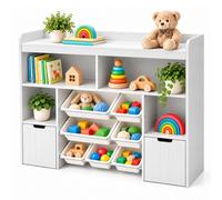 Relaxdays, étagère pour chambre d'enfant, 7 boîtes, 2 bacs à roulettes, 5 compartiments, dimensions (H x L x P) : 100 x 122 x 30 cm, en MDF, étagère pour enfant, blanche