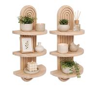 Relaxdays Étagères murales Boho, lot de 2, 3 tablettes, naturel | bois de pin, forme arc, 45x21,5x12cm