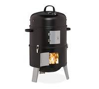 Relaxdays Smoker 3-en-1, pour griller, fumer et cuire, avec thermomètre et évacuation d'air, fumoir pour barbecue : ∅ 40 cm, acier, noir