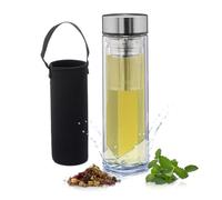 Relaxdays Gourde à thé avec Filtre, 450 ML, Bouteille en Verre borosilicaté, à emporter, Housse néoprène, Transparent