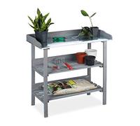 relaxdays, gris plantes, plaque métallique, Table de dépotage avec rangements, bois, jardin, 86 x 92 x 41 cm