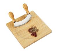 Relaxdays Hachoir Berceuse avec Planche, Bambou & Acier Inoxydable, Couteau pour Herbes, 20 x 20 cm, Nature - argenté