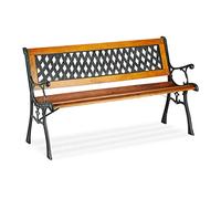 Banc de jardin Relaxdays, 2 places, dossier décoratif, fonte, montants en bois, banc de parc, H x l x P 73 x 125 x 52 cm, couleur naturelle
