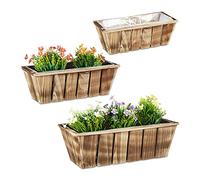 Relaxdays Jardinières en lot, bacs à Fleurs en 3 Tailles, Bois flambé, avec Film Plastique, intérieur et extérieur, Brun