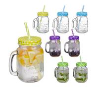 Relaxdays Jarre avec paille et couvercle, en lot de 8, volume : 400 ml, design rétro, verre doté d'une anse, multicolore