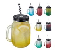 Relaxdays Jarre avec Paille et Couvercle, Lot de 8, 400 ML, Design givré, Verre avec Anse, gobelet, Multicolore - Noir