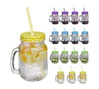 Relaxdays Jarres avec Paille et Couvercle, en Lot de 16, Volume : 500 ML, Design rétro, Verre avec Anse, Multicolore