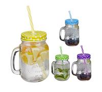 Relaxdays Jarres avec Paille et Couvercle, en Lot de 4, Volume : 500 ML, Design rétro, Verre avec Anse, Multicolore