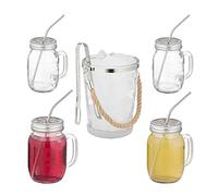 relaxdays Jarres avec Paille et Couvercle, Set, 4 Verres à Cocktail de 500 ML, Seau à glaçons et Pince, Transparent