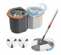 Relaxdays Kit Balai essoreur, Seau 7,5 L empilable, tête rotative, H x L x P 25 x 28 x 54 cm, 2 têtes Microfibre, Gris