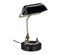 Relaxdays Lampe de banquier, abat-jour en verre inclinable, pied en bois, bureau, bibliothèque, E27, rétro, noir