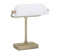 Relaxdays Lampe de banquier, abat-jour verre inclinable, pied en métal, bureau, E14, rétro, bibliothèque, blanc-laiton