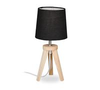 Relaxdays Lampe de chevet à 3 pieds, petite, bois et tissu, E14, design scandinave, HxD : 31 x 14 cm, nature, noir