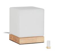 Relaxdays 10027473_615 Lampe de Table Salon et Chambre à Coucher, en Bois et Verre Opale, E14, veilleuse, Cube, Nature, Blanc-Brun, 15 x 12 x 12 cm