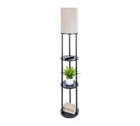 Relaxdays Lampe sur Pied avec étagère, H 180 x 30 cm, E27, Bois et Lin, Design Moderne, Salon, Noir et Blanc
