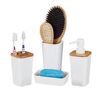 Relaxdays Lot d’Accessoires de Salle de Bain, 4 pièces, Moderne, gobelet, Support à Savon et Distributeur de Lotion, Plastique et Bambou, Blanc
