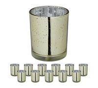 Relaxdays Lot de 12 photophores en Verre pour Bougies Chauffe-Plat, décoratif, H x D : 8,5 x 7 cm, doré