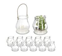 Relaxdays Lot de 12 photophores, Verre, Anse argentée et dorée, intérieur, extérieur, HxD : 10x8,5 cm, Transparent