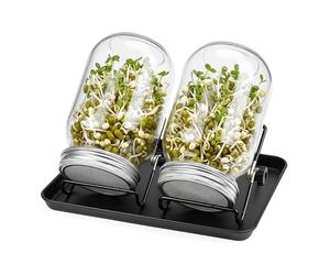 Relaxdays Lot de 2 bocaux germinateurs, avec Support et égouttoir, 850 ML, Culture de pousses, Transparent/Noir