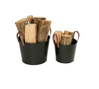 Relaxdays Lot de 2 paniers à Bois, Bois de Chauffage et d’allumage, métal, anses en Cuir, Motif Arbre de Vie, Noir/Braun