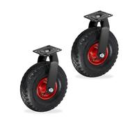 Relaxdays Lot de 2 roulettes pivotantes pneumatiques 3.00-4, Charges Lourdes, Plaque à Visser, 120 kg, Noir-Rouge