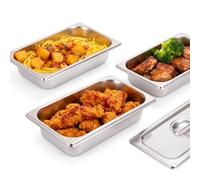 Relaxdays Lot de 3 bacs GN 1/3 INOX avec Couvercle, 6,5x32,5x17,6 cm, Cuisine, Argent