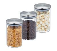 Relaxdays Lot de 3 bocaux en verre, 800 ml, hermétique, couvercle acier inoxydable, bocal à épicerie, transparent/argent