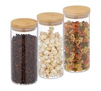 Relaxdays Lot de 3 bocaux en Verre, Couvercle Bambou, Bocal Conservation Rond, 1300 ML, hermétique, Transparent/Nature