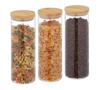 Relaxdays Lot de 3 bocaux en verre, couvercle bambou, bocal conservation rond, 1600 ml, hermétique, transparent/nature