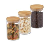 Relaxdays Lot de 3 bocaux en verre rond 800 ml avec couvercles bambou hermétiques