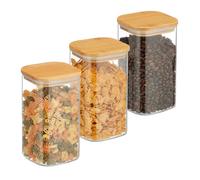 Relaxdays Lot de 3 bocaux en verre, couvercle en bambou, carré, conservation, 1200 ml, hermétique, transparent/naturel