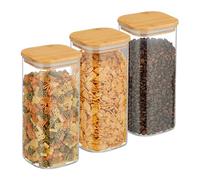Relaxdays Lot de 3 bocaux en Verre, Couvercle en Bambou, carré, Conservation, 1500 ML, hermétique, Transparent/Naturel