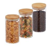 Relaxdays Lot de 3 bocaux, verre, couvercle en bambou, bocal conservation rond, 1000 ml, hermétique, transparent/nature