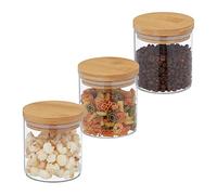 Relaxdays Lot de 3 bocaux, Verre, Petits Pots avec Couvercle en Bambou, 500 ML, hermétique, Transparent/Nature