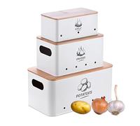 Relaxdays, lot de 3 boîtes de rangement, pommes de terre, oignons, ail, boîte de conservation cuisine, métal, blanc