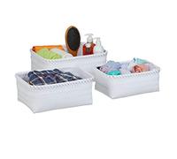 Relaxdays Lot de 3 paniers de Rangement, corbeilles en 3 Tailles, tressés, Salle de Bain, Plastique, Blanc