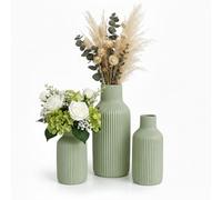 Relaxdays Lot de 3 vases en céramique, Sauge | 3 tailles, déco de table pour fleurs fraîches et séchées
