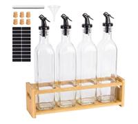 Relaxdays Lot de 4 bouteilles d'huile 500 ml avec support en bambou, bec verseur, pour vinaigre/huile d'olive
