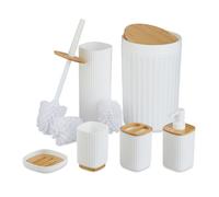 Relaxdays Lot de 6 accessoires pour la salle de bain, plastique et bambou, set pratique, blanc et nature