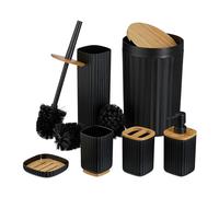 Relaxdays Lot de 6 accessoires pour la salle de bain, plastique et bambou, set pratique, noir et nature
