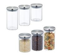Relaxdays Lot de 6 bocaux en Verre avec Couvercle INOX, Bocal Conservation, 3 Tailles, hermétique, Transparent/argenté
