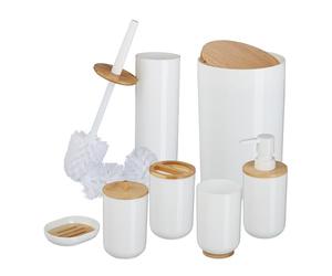 Relaxdays Lot de 7 Accessoires pour la Salle de Bain, Plastique et Bambou, Set Pratique, Blanc et Nature