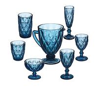 relaxdays Lot de 7 verres, cruche, bol à glace, 2 gobelets à eau et vin, coupes adaptées pour le lave-vaisselle, bleu